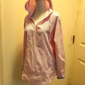 Buoy Baja pink White Seersucker Pull-Over Hoodie Size Large EUC light weight